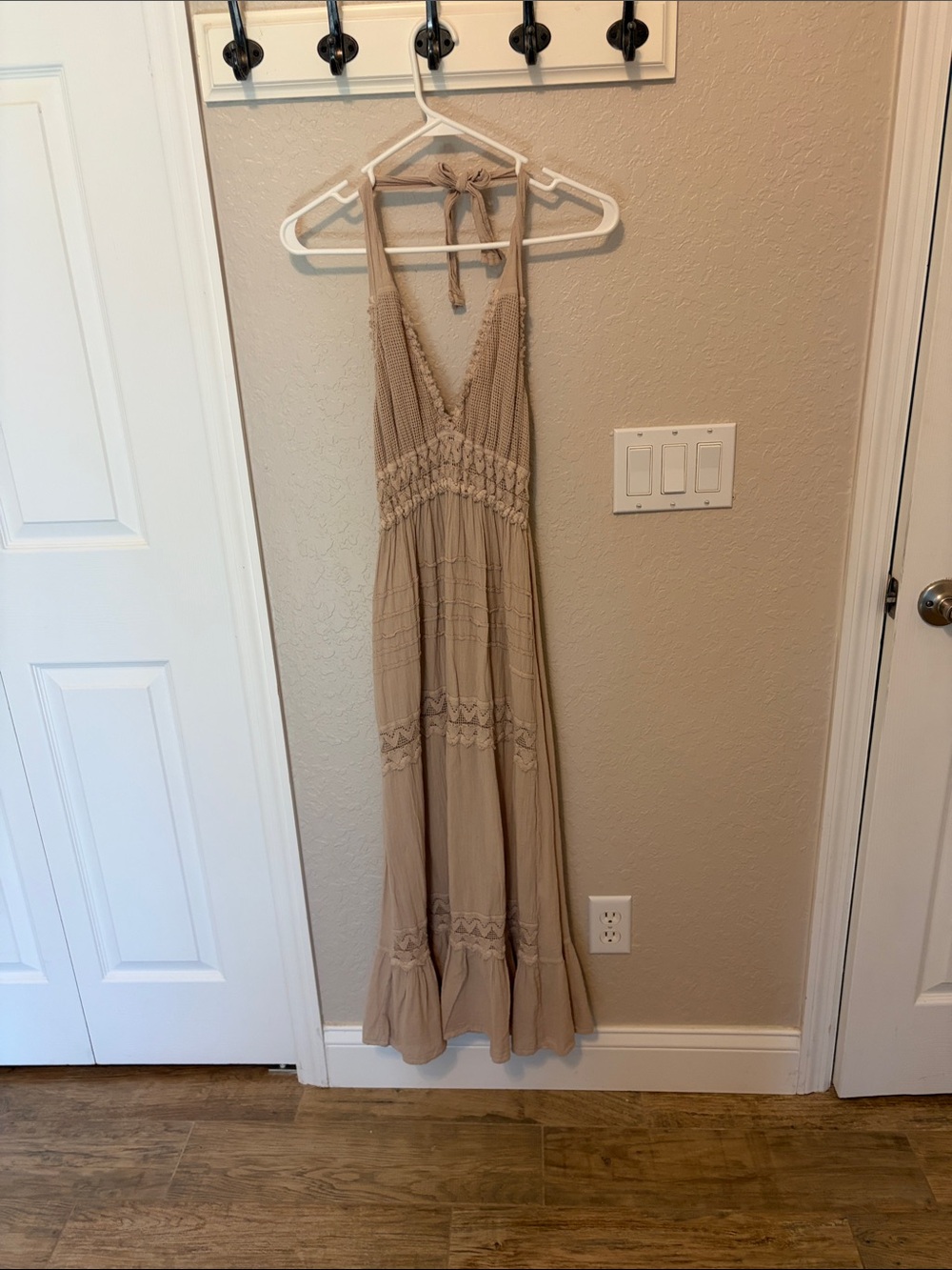 Neutral Halter Maxi Dress with Crochet Accents